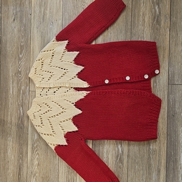 Vintage Red and Cream Button-Up Chevron Patterned Sweater - Picture 10 of 11